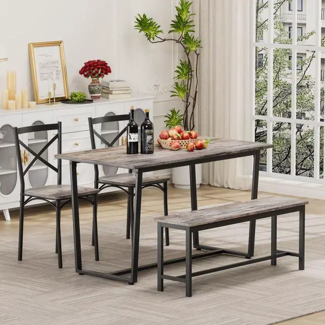 Alt view image 3 of 6 - 4 Pieces Dining Set 4-Piece Kitchen Table Set Perfect, Easy Assembly Seater for Indoor Home, Dinner, Kitchen, Gray(1 Table+2Chair+1Stool
