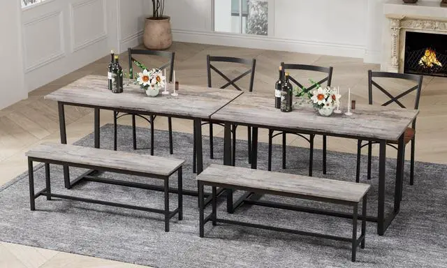 Alt view image 4 of 6 - 4 Pieces Dining Set 4-Piece Kitchen Table Set Perfect, Easy Assembly Seater for Indoor Home, Dinner, Kitchen, Gray(1 Table+2Chair+1Stool