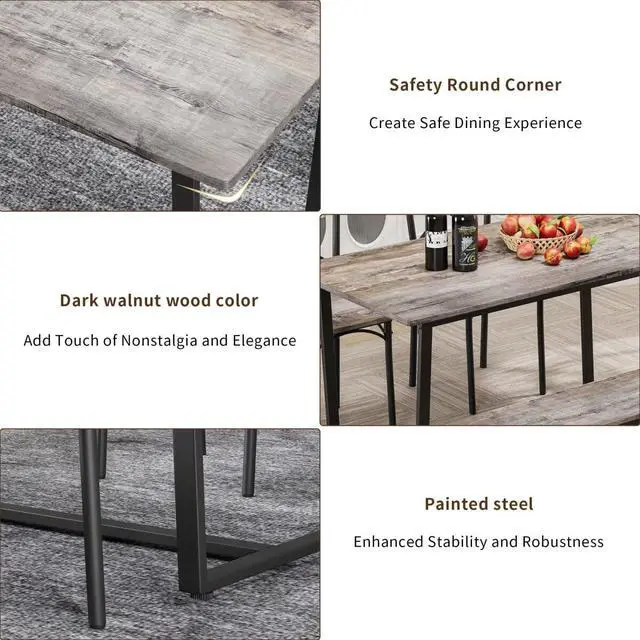 Alt view image 5 of 6 - 4 Pieces Dining Set 4-Piece Kitchen Table Set Perfect, Easy Assembly Seater for Indoor Home, Dinner, Kitchen, Gray(1 Table+2Chair+1Stool