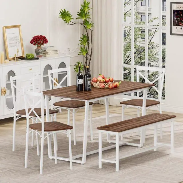 Alt view image 3 of 6 - 6 Pieces Dining Set 6-Piece Kitchen Table Set Perfect, Easy Assembly Seater for Indoor Home, Dinner, Kitchen, Dark Walnut(1 Table+4Chair+1Stool