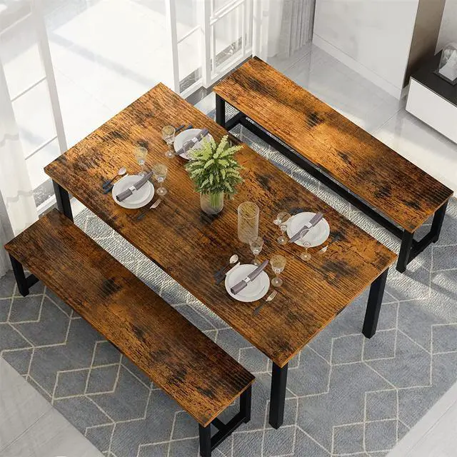 Alt view image 3 of 6 - Dining Room Table Set with 2 Benches, Farmhouse Dining Table Set for 4, Wood Breakfast Dinner Table Set Kitchen Table and Benches for Breakfast Nook Small Spaces, Brown