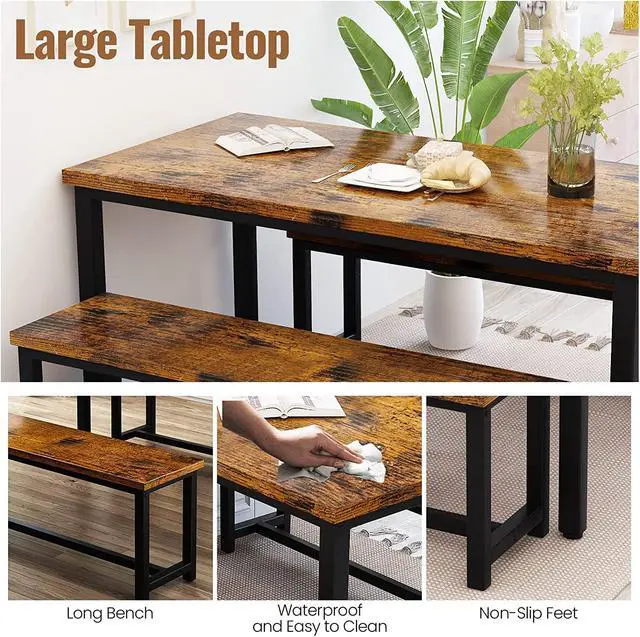Alt view image 4 of 6 - Dining Room Table Set with 2 Benches, Farmhouse Dining Table Set for 4, Wood Breakfast Dinner Table Set Kitchen Table and Benches for Breakfast Nook Small Spaces, Brown