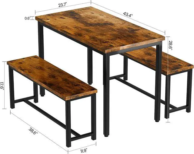 Alt view image 5 of 6 - Dining Room Table Set with 2 Benches, Farmhouse Dining Table Set for 4, Wood Breakfast Dinner Table Set Kitchen Table and Benches for Breakfast Nook Small Spaces, Brown