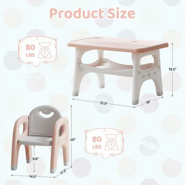 Alt view image 2 of 6 - Kids Table and Chairs Set, Activity Table with 2 Chairs for Ages 3-6, Toddler Table and Chair Set Ideal for Reading, Drawing, Dining, Arts Crafts,Gifts for Kids (Pink)