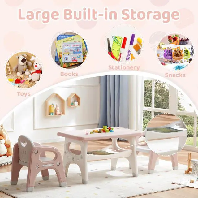 Alt view image 4 of 6 - Kids Table and Chairs Set, Activity Table with 2 Chairs for Ages 3-6, Toddler Table and Chair Set Ideal for Reading, Drawing, Dining, Arts Crafts,Gifts for Kids (Pink)
