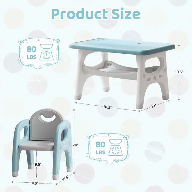 Alt view image 2 of 6 - Kids Table and Chairs Set, Activity Table with 2 Chairs for Ages 3-6, Toddler Table and Chair Set Ideal for Reading, Drawing, Dining, Arts Crafts,Gifts for Kids (Blue)