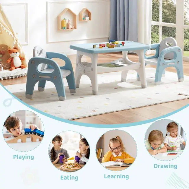 Alt view image 3 of 6 - Kids Table and Chairs Set, Activity Table with 2 Chairs for Ages 3-6, Toddler Table and Chair Set Ideal for Reading, Drawing, Dining, Arts Crafts,Gifts for Kids (Blue)