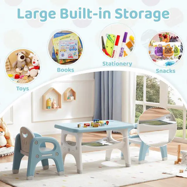 Alt view image 4 of 6 - Kids Table and Chairs Set, Activity Table with 2 Chairs for Ages 3-6, Toddler Table and Chair Set Ideal for Reading, Drawing, Dining, Arts Crafts,Gifts for Kids (Blue)