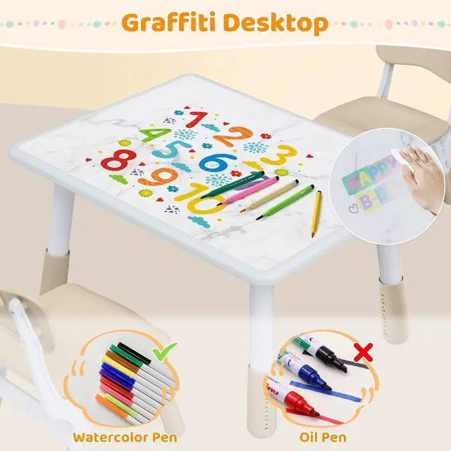 Alt view image 3 of 6 - Adjustable Kids Table and 2 Chair Set, Height Adjustable Multi-Activity Play Desk, Marble Graffiti Design, Preschool Montessori Art & Craft Furniture for Children, Home, Daycare, Kindergarten