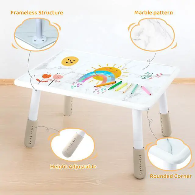 Alt view image 5 of 6 - Adjustable Kids Table and 2 Chair Set, Height Adjustable Multi-Activity Play Desk, Marble Graffiti Design, Preschool Montessori Art & Craft Furniture for Children, Home, Daycare, Kindergarten