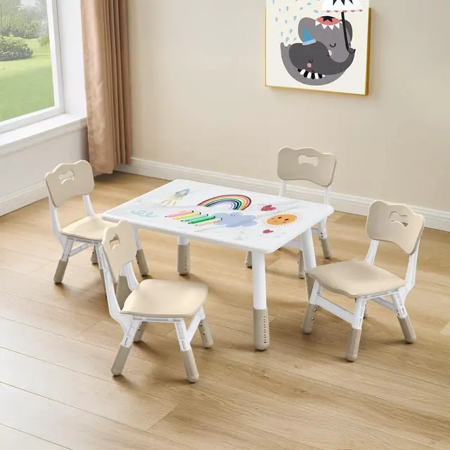 Main image of Adjustable Kids Table and 4 Chair Set, Height Adjustable Multi-Activity Play Desk, Marble Graffiti Design, Preschool Montessori Art & Craft Furniture for Children, Home, Daycare, Kindergarten
