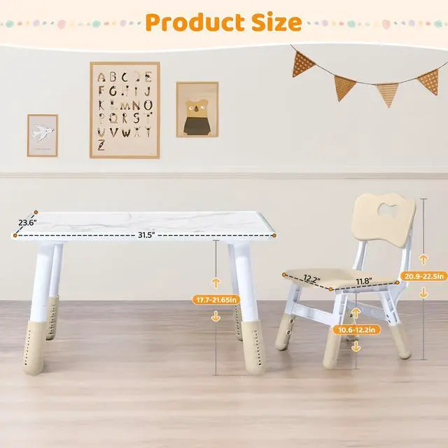 Alt view image 2 of 6 - Adjustable Kids Table and 4 Chair Set, Height Adjustable Multi-Activity Play Desk, Marble Graffiti Design, Preschool Montessori Art & Craft Furniture for Children, Home, Daycare, Kindergarten