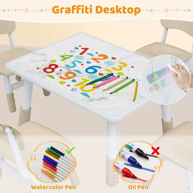 Alt view image 3 of 6 - Adjustable Kids Table and 4 Chair Set, Height Adjustable Multi-Activity Play Desk, Marble Graffiti Design, Preschool Montessori Art & Craft Furniture for Children, Home, Daycare, Kindergarten
