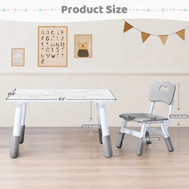 Alt view image 2 of 6 - Adjustable Kids Table and 4 Chair Set, Height Adjustable Multi-Activity Play Desk, Marble Graffiti Design, Preschool Montessori Art & Craft Furniture for Children, Home, Daycare, Kindergarten