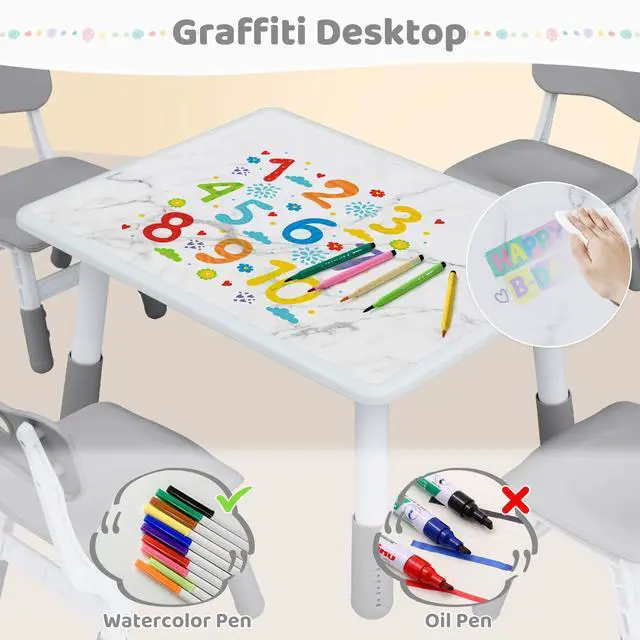 Alt view image 3 of 6 - Adjustable Kids Table and 4 Chair Set, Height Adjustable Multi-Activity Play Desk, Marble Graffiti Design, Preschool Montessori Art & Craft Furniture for Children, Home, Daycare, Kindergarten