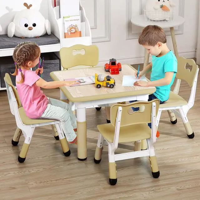 Main image of Toddler Table and Chairs Set for 4, 23.6''L x 23.6''W Kids Study Table and Chair Set, Height-Adjustable, Graffiti Desktop, Children Activity Table for Daycare, Classroom, Home