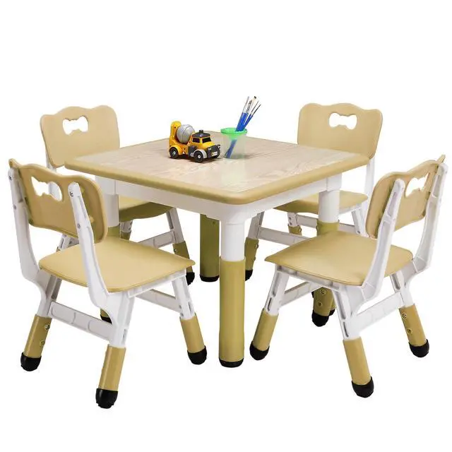 Alt view image 2 of 6 - Toddler Table and Chairs Set for 4, 23.6''L x 23.6''W Kids Study Table and Chair Set, Height-Adjustable, Graffiti Desktop, Children Activity Table for Daycare, Classroom, Home