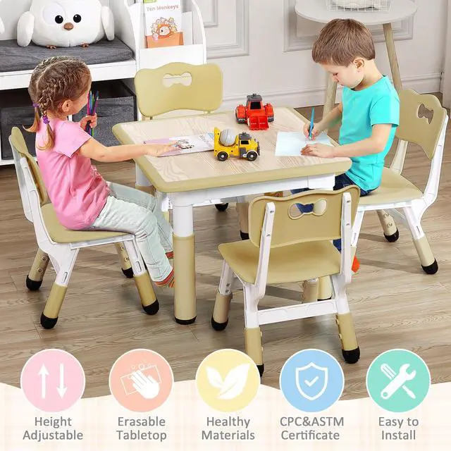 Alt view image 3 of 6 - Toddler Table and Chairs Set for 4, 23.6''L x 23.6''W Kids Study Table and Chair Set, Height-Adjustable, Graffiti Desktop, Children Activity Table for Daycare, Classroom, Home