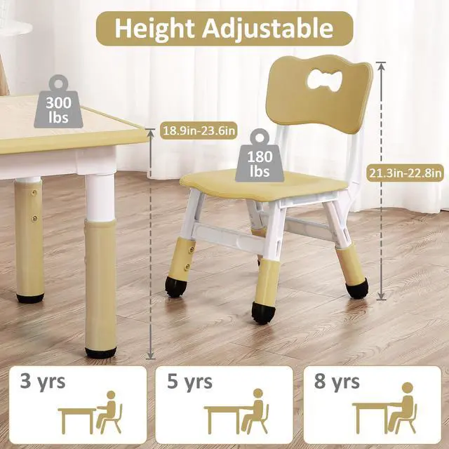 Alt view image 4 of 6 - Toddler Table and Chairs Set for 4, 23.6''L x 23.6''W Kids Study Table and Chair Set, Height-Adjustable, Graffiti Desktop, Children Activity Table for Daycare, Classroom, Home