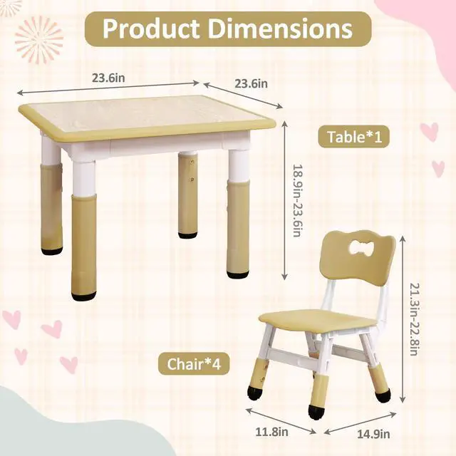 Alt view image 5 of 6 - Toddler Table and Chairs Set for 4, 23.6''L x 23.6''W Kids Study Table and Chair Set, Height-Adjustable, Graffiti Desktop, Children Activity Table for Daycare, Classroom, Home