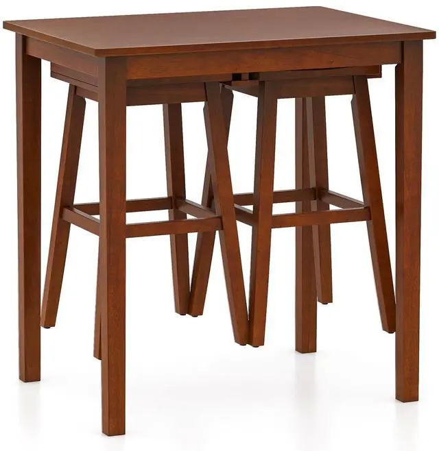Main image of Bar Table and Chairs Set - 3-Piece Counter Height Dining Table Set with Hangable Bar Stools, Wood Veneered Tabletop, Rubber Wood Legs, Space Saving Dinette Set, Breakfast Nook Table Set, Brown