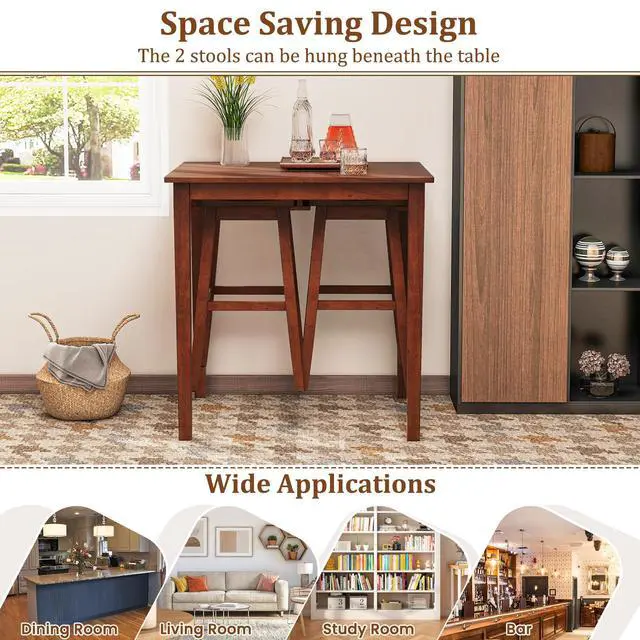 Alt view image 2 of 6 - Bar Table and Chairs Set - 3-Piece Counter Height Dining Table Set with Hangable Bar Stools, Wood Veneered Tabletop, Rubber Wood Legs, Space Saving Dinette Set, Breakfast Nook Table Set, Brown