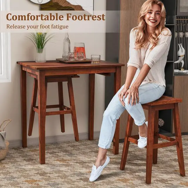 Alt view image 3 of 6 - Bar Table and Chairs Set - 3-Piece Counter Height Dining Table Set with Hangable Bar Stools, Wood Veneered Tabletop, Rubber Wood Legs, Space Saving Dinette Set, Breakfast Nook Table Set, Brown