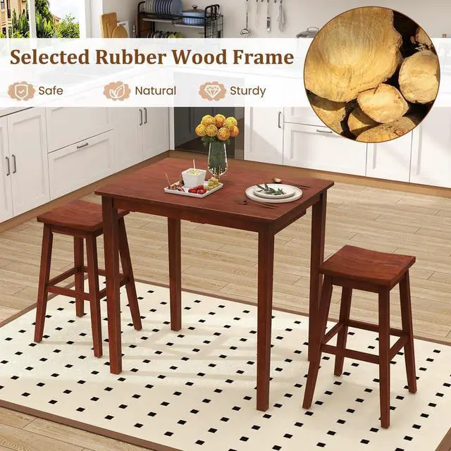 Alt view image 4 of 6 - Bar Table and Chairs Set - 3-Piece Counter Height Dining Table Set with Hangable Bar Stools, Wood Veneered Tabletop, Rubber Wood Legs, Space Saving Dinette Set, Breakfast Nook Table Set, Brown