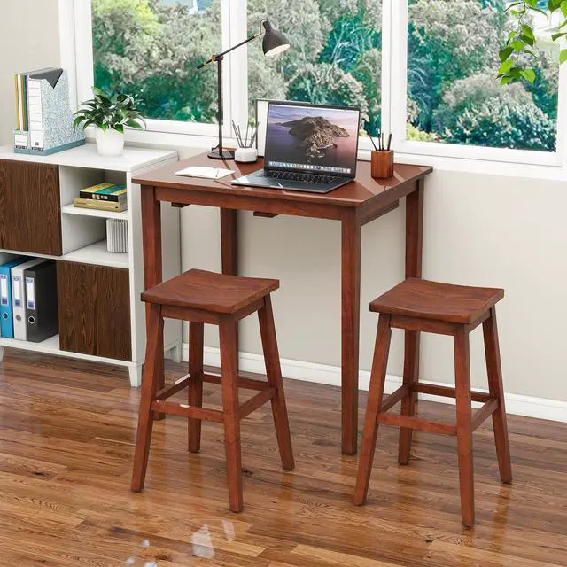 Alt view image 5 of 6 - Bar Table and Chairs Set - 3-Piece Counter Height Dining Table Set with Hangable Bar Stools, Wood Veneered Tabletop, Rubber Wood Legs, Space Saving Dinette Set, Breakfast Nook Table Set, Brown