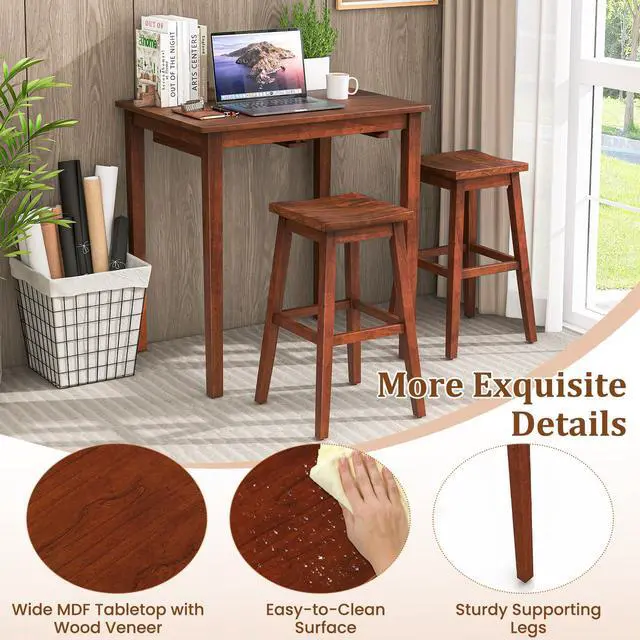 Alt view image 6 of 6 - Bar Table and Chairs Set - 3-Piece Counter Height Dining Table Set with Hangable Bar Stools, Wood Veneered Tabletop, Rubber Wood Legs, Space Saving Dinette Set, Breakfast Nook Table Set, Brown