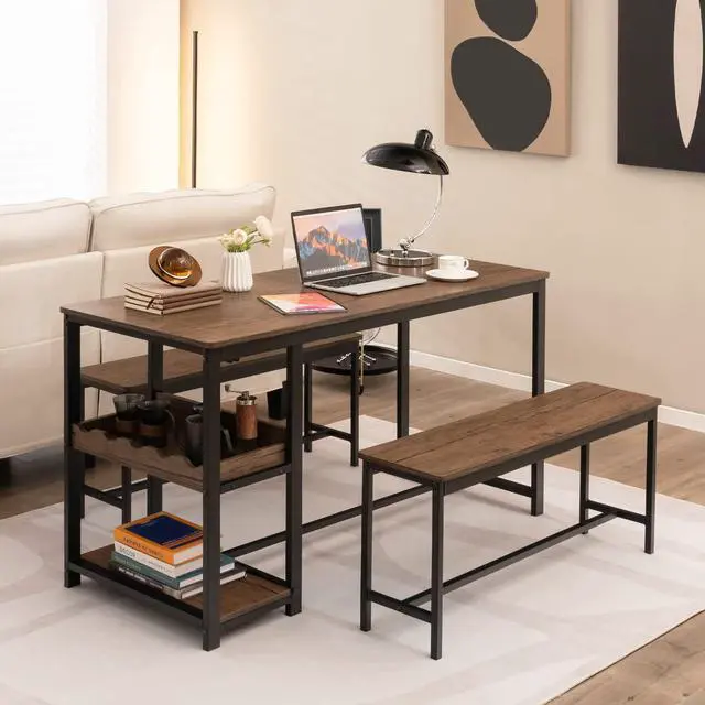 Alt view image 2 of 6 - Dining Table Set for 4, 3-Piece 55" L Kitchen Table Set w/ 2 Benches, Breakfast Table w/ 5-Bottle Wine Rack & Glass Holder, Space-Saving Dinette Set for Dining Room, Kitchen, Apartment