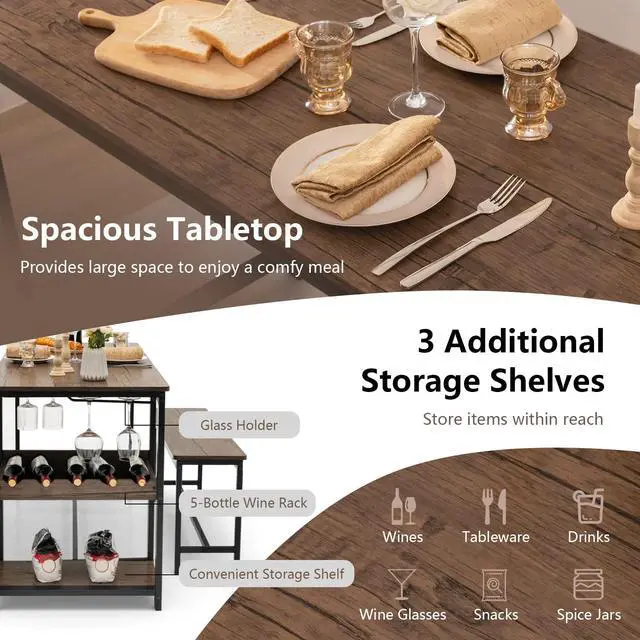 Alt view image 3 of 6 - Dining Table Set for 4, 3-Piece 55" L Kitchen Table Set w/ 2 Benches, Breakfast Table w/ 5-Bottle Wine Rack & Glass Holder, Space-Saving Dinette Set for Dining Room, Kitchen, Apartment