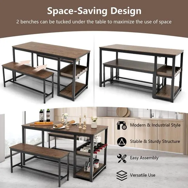 Alt view image 5 of 6 - Dining Table Set for 4, 3-Piece 55" L Kitchen Table Set w/ 2 Benches, Breakfast Table w/ 5-Bottle Wine Rack & Glass Holder, Space-Saving Dinette Set for Dining Room, Kitchen, Apartment