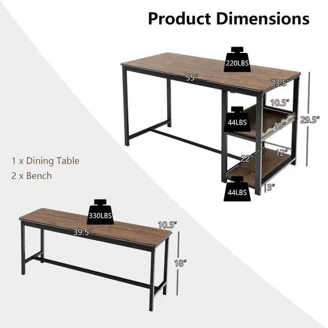 Alt view image 6 of 6 - Dining Table Set for 4, 3-Piece 55" L Kitchen Table Set w/ 2 Benches, Breakfast Table w/ 5-Bottle Wine Rack & Glass Holder, Space-Saving Dinette Set for Dining Room, Kitchen, Apartment