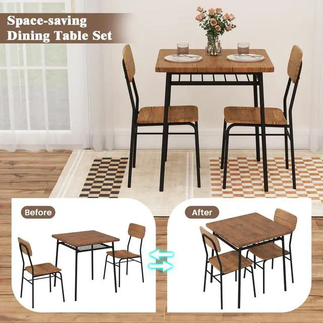 Alt view image 5 of 6 - 3-Piece Dining Table Set, Kitchen Table Chairs Set with Dinner Table, Storage Rack, Metal Frame, Space-Saving Dinette Set for Breakfast Nook, Small Places, Restaurant, Dining Room Set for 2