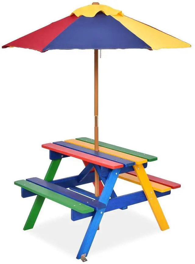 Main image of Kids Picnic Table Set w/Removable & Foldable Umbrella, Outside Table Set with Benches, Wooden Table and Bench Set for Toddler Boys Girls (Colorful)