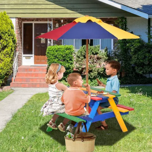 Alt view image 2 of 6 - Kids Picnic Table Set w/Removable & Foldable Umbrella, Outside Table Set with Benches, Wooden Table and Bench Set for Toddler Boys Girls (Colorful)