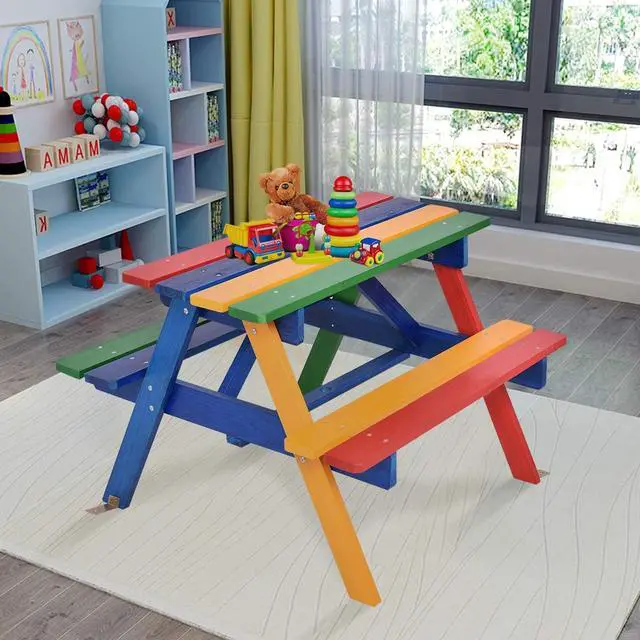 Alt view image 3 of 6 - Kids Picnic Table Set w/Removable & Foldable Umbrella, Outside Table Set with Benches, Wooden Table and Bench Set for Toddler Boys Girls (Colorful)