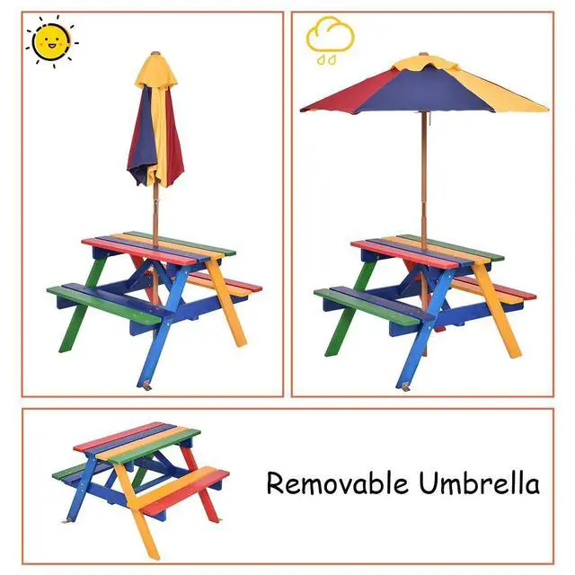 Alt view image 4 of 6 - Kids Picnic Table Set w/Removable & Foldable Umbrella, Outside Table Set with Benches, Wooden Table and Bench Set for Toddler Boys Girls (Colorful)