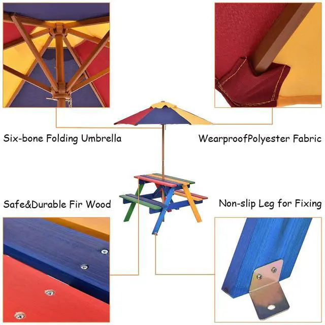 Alt view image 6 of 6 - Kids Picnic Table Set w/Removable & Foldable Umbrella, Outside Table Set with Benches, Wooden Table and Bench Set for Toddler Boys Girls (Colorful)