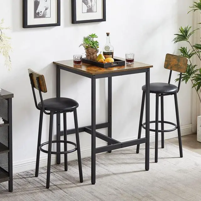 Main image of 3-Piece Small Bar Table and Chairs Set, Bar Set with Square Table and PU Stools, Breakfast Coffee Table for 2 with Footrest and for Home & Kitchen Dining Room(Brown)