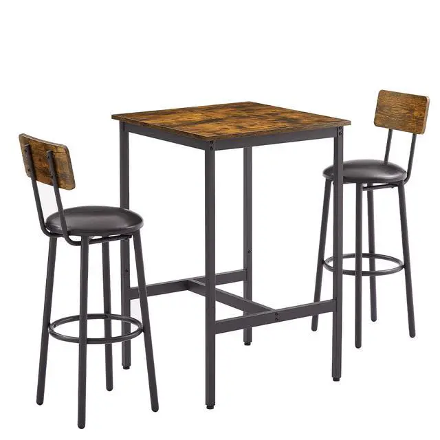 Alt view image 2 of 6 - 3-Piece Small Bar Table and Chairs Set, Bar Set with Square Table and PU Stools, Breakfast Coffee Table for 2 with Footrest and for Home & Kitchen Dining Room(Brown)