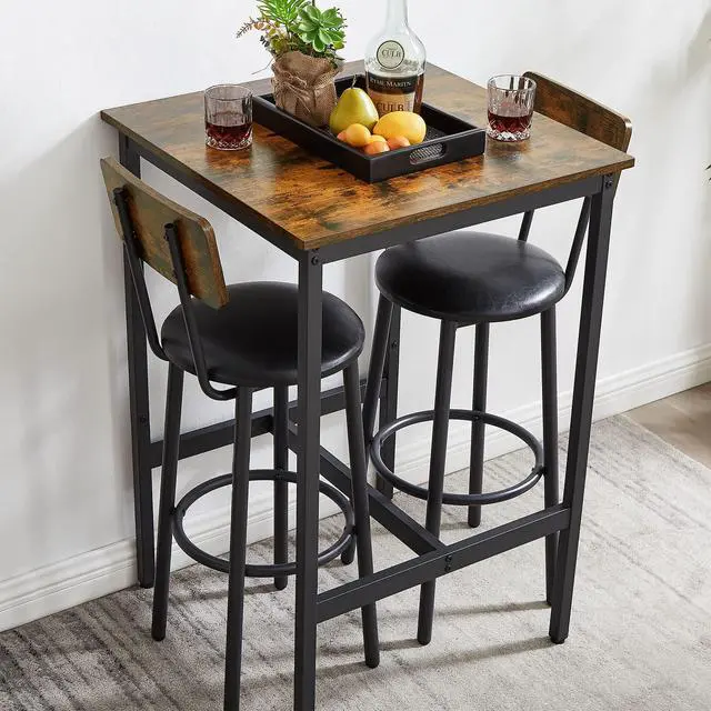 Alt view image 4 of 6 - 3-Piece Small Bar Table and Chairs Set, Bar Set with Square Table and PU Stools, Breakfast Coffee Table for 2 with Footrest and for Home & Kitchen Dining Room(Brown)