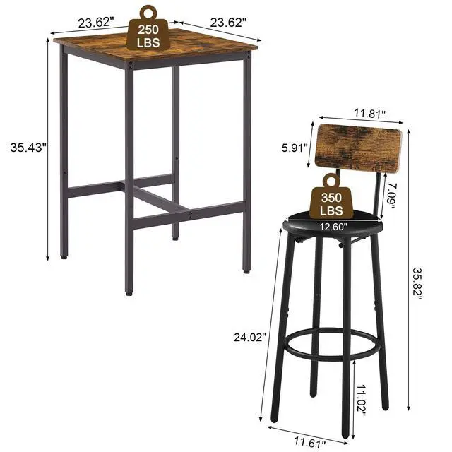 Alt view image 5 of 6 - 3-Piece Small Bar Table and Chairs Set, Bar Set with Square Table and PU Stools, Breakfast Coffee Table for 2 with Footrest and for Home & Kitchen Dining Room(Brown)