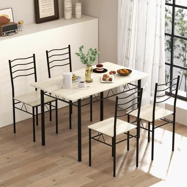 Alt view image 2 of 6 - 5 Piece Dining Set, 47.5 inch Kitchen Table and Chairs Set of 4, Space-Saving Dinette Dinner Table, Dining Room Table Set for 4 with Highback Chairs, Beech
