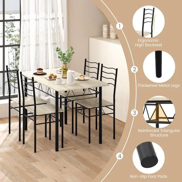 Alt view image 3 of 6 - 5 Piece Dining Set, 47.5 inch Kitchen Table and Chairs Set of 4, Space-Saving Dinette Dinner Table, Dining Room Table Set for 4 with Highback Chairs, Beech