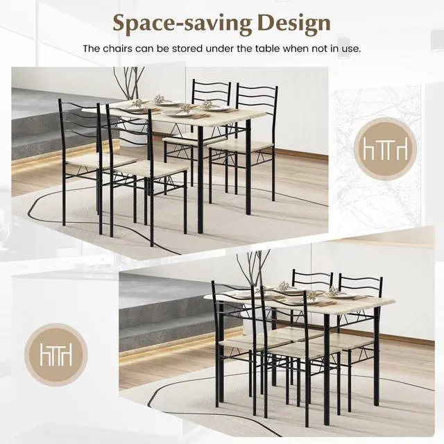 Alt view image 5 of 6 - 5 Piece Dining Set, 47.5 inch Kitchen Table and Chairs Set of 4, Space-Saving Dinette Dinner Table, Dining Room Table Set for 4 with Highback Chairs, Beech