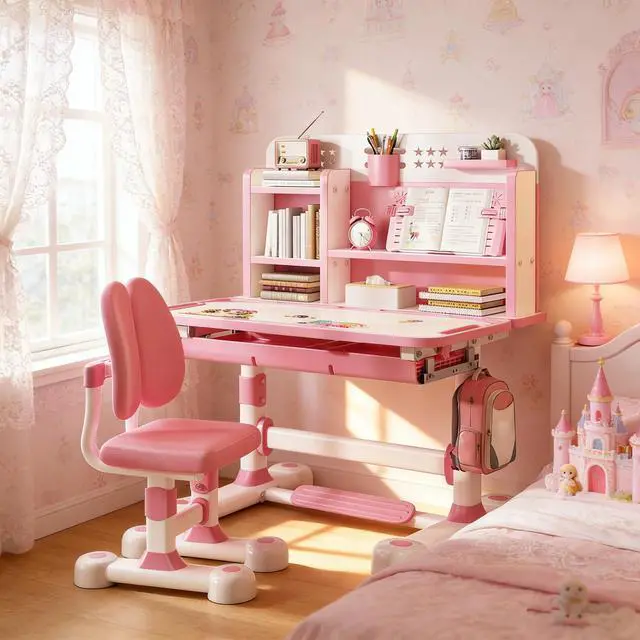 Alt view image 3 of 6 - Upgraded Kids Desk and Chair Set,50 Degree Tiltable&Height Adjustable Ergonomic Study Table with Posture Corrector & Dual Back Support, 3-18 Years Adjustable Children's Desk Set with Storage Pink