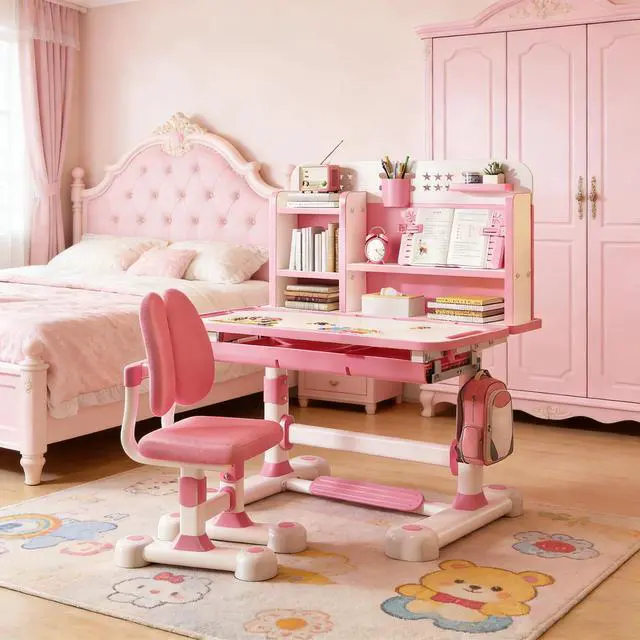 Alt view image 5 of 6 - Upgraded Kids Desk and Chair Set,50 Degree Tiltable&Height Adjustable Ergonomic Study Table with Posture Corrector & Dual Back Support, 3-18 Years Adjustable Children's Desk Set with Storage Pink