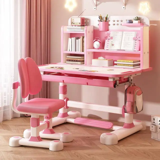 Alt view image 6 of 6 - Upgraded Kids Desk and Chair Set,50 Degree Tiltable&Height Adjustable Ergonomic Study Table with Posture Corrector & Dual Back Support, 3-18 Years Adjustable Children's Desk Set with Storage Pink